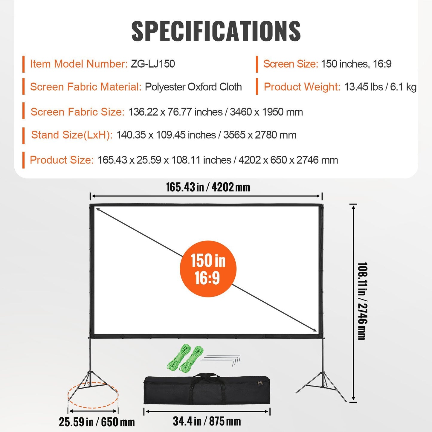 Projector Screen With Stand, 150 Inch 16 9 4K 1080 HD Outdoor Movie Screen With Stand, Wrinkle-Free Projection Screen With Tripods And Carry Bag, For Home Theater Cinema Backyard Movie Night