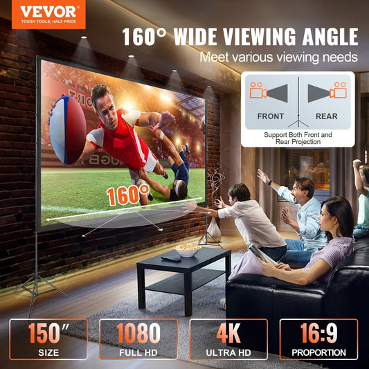 Projector Screen With Stand, 150 Inch 16 9 4K 1080 HD Outdoor Movie Screen With Stand, Wrinkle-Free Projection Screen With Tripods And Carry Bag, For Home Theater Cinema Backyard Movie Night